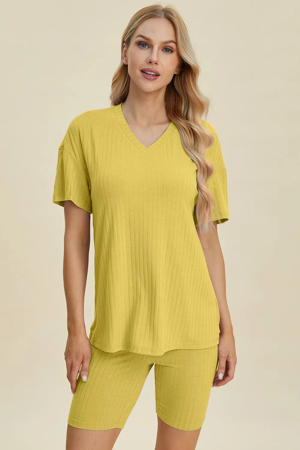 Basic Bae Full Size Ribbed V-Neck Shorts Sleeve Tops and Shorts Sets | Nikki &amp; Co. Boutique