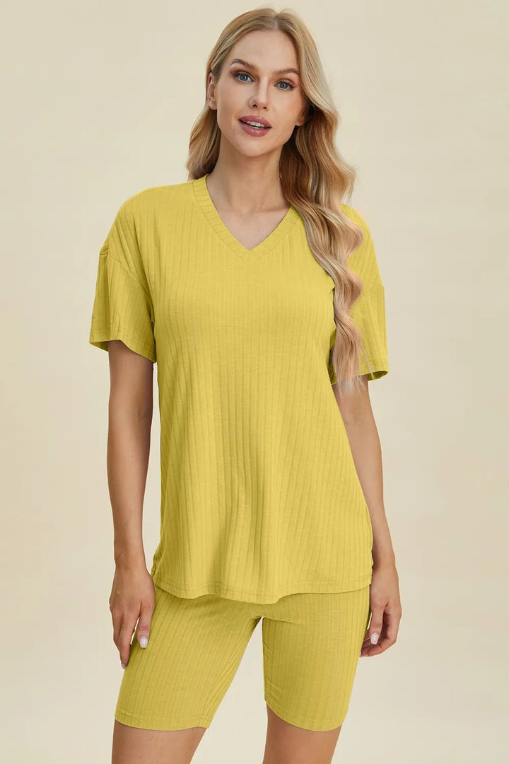 Basic Bae Full Size Ribbed V-Neck Shorts Sleeve Tops and Shorts Sets | Nikki &amp; Co. Boutique
