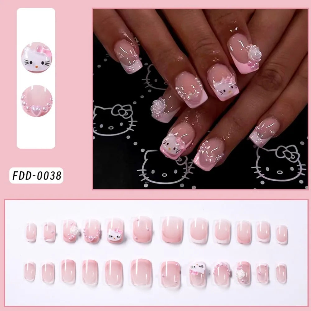 24 pcs Short, Square, Pink Kitty Cat Press on Fake Nails - Cute Cartoon Hello Kitty Nail Tips with Camellia Pearl Handmade Nail Patch
