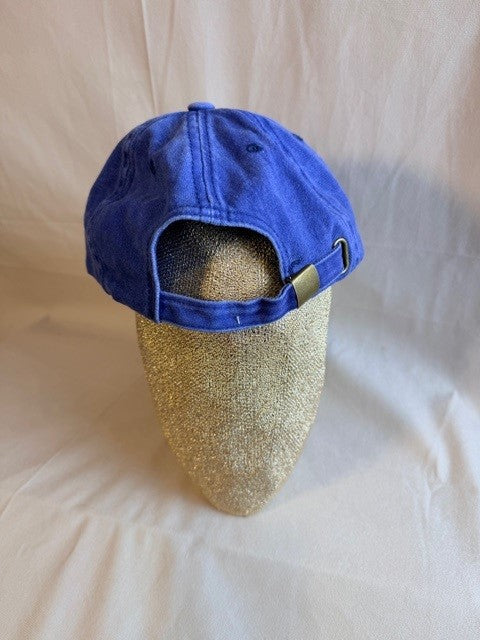 Blue cap on a glittery gold headrest against a beige background