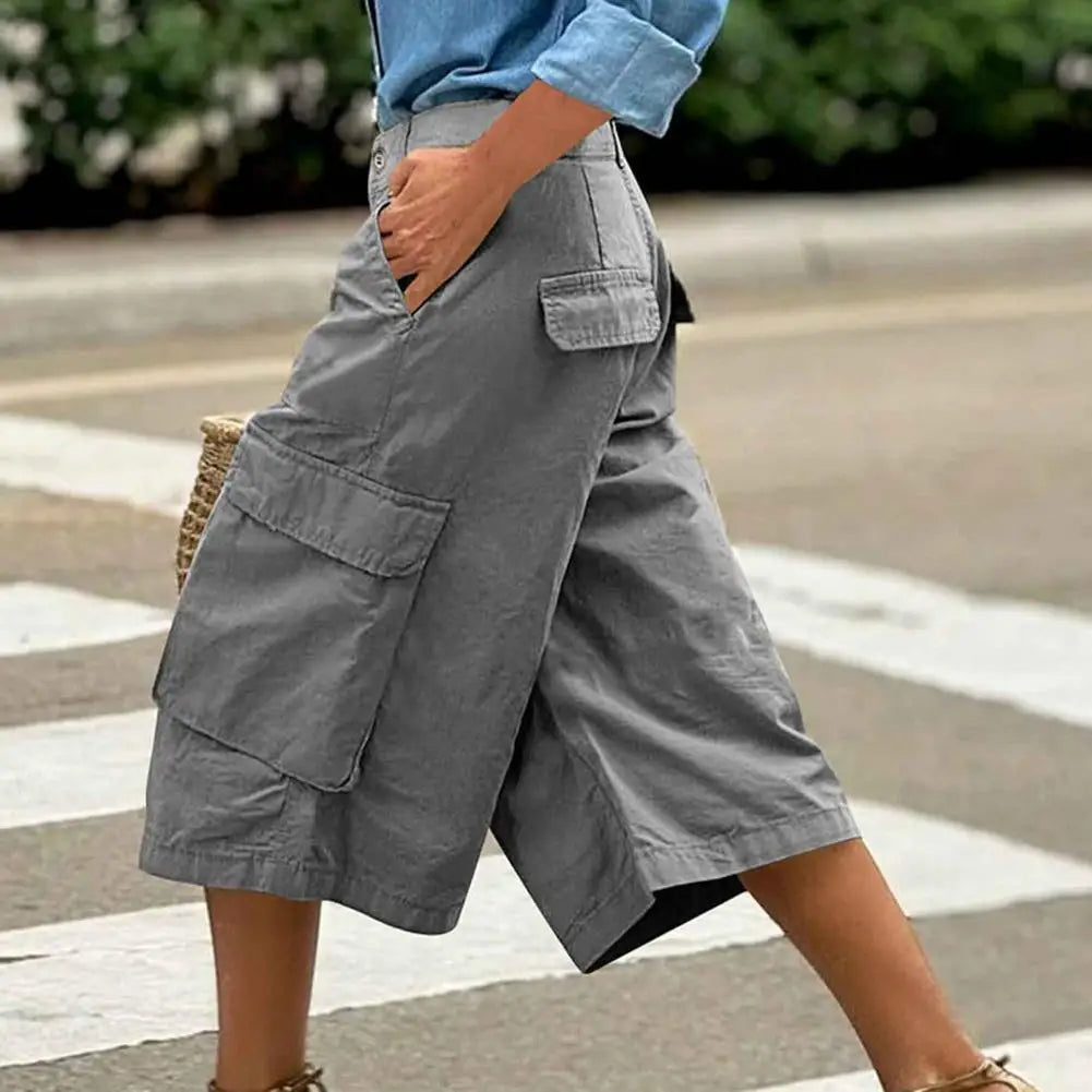 Women Cropped Pants Mid-Waist Design Straight Wide Leg Casual Trousers With Pockets Casual Loose Fit Summer Breathable Pants