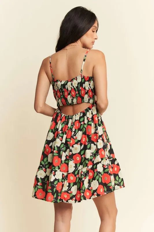 Davi &amp; Dani Floral Scalloped Cutout Back Mini Dress in Black - Nikki &amp; Co. Boutique