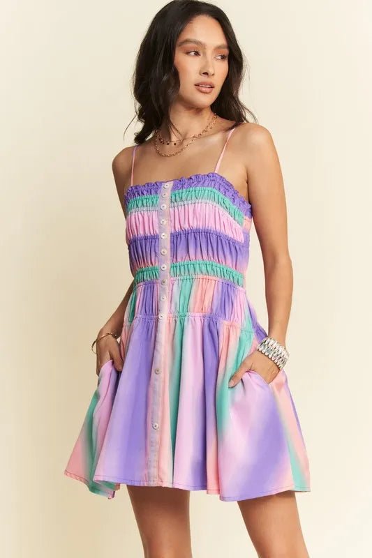 Davi &amp; Dani Multi Color Ombre Printed Bodice Button Up Dress in Purple Multi - Nikki &amp; Co. Boutique