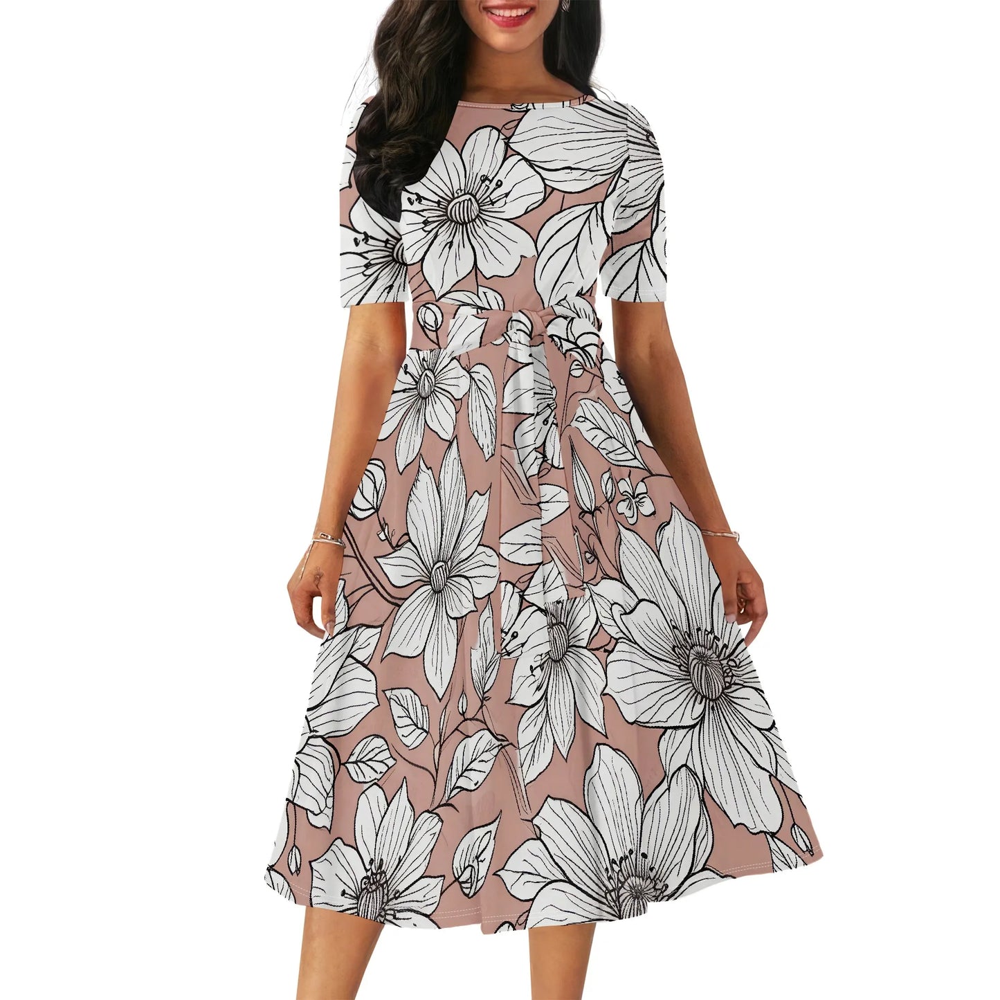 Women's Boatneck Vintage Cocktail Party Dress with Puff Sleeves