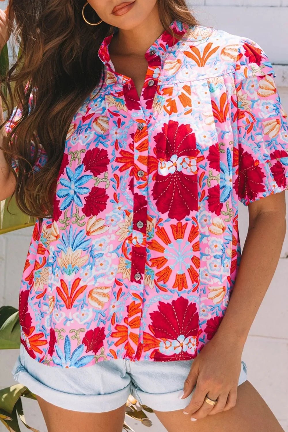 Floral Puff Sleeve Button - Up Top - Nikki and Co Boutique