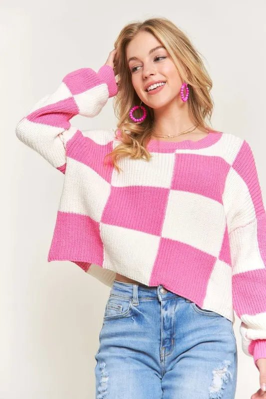 ADORA Plus Size Comfy Checkered Colorblock Sweater Top - Nikki &amp; Co. Boutique