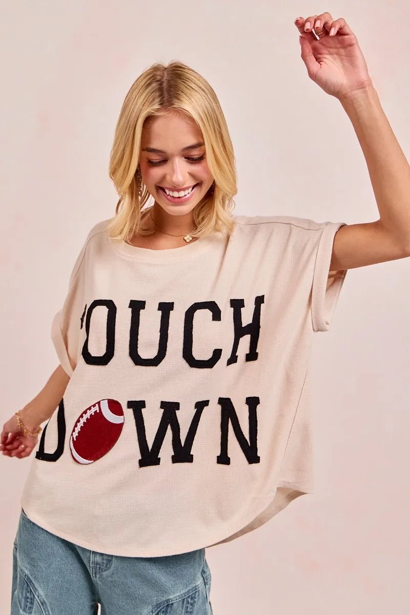 BiBi Touchdown Letter Patch Waffle Knit Top | Beige - Nikki &amp; Co. Boutique