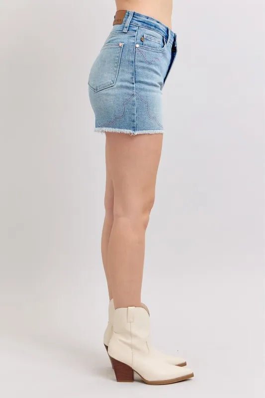 Judy Blue Full Size High Waist Western Embroidery Cut Off Denim Shorts in Light Wash - Nikki &amp; Co. Boutique
