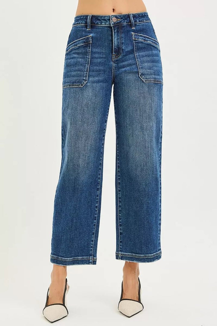 RISEN Slouchy Cropped Baggy Jeans with Front Patch Pocket in Dark Wash - Nikki &amp; Co. Boutique