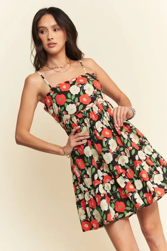 Davi &amp; Dani Floral Scalloped Cutout Back Mini Dress in Black - Nikki &amp; Co. Boutique