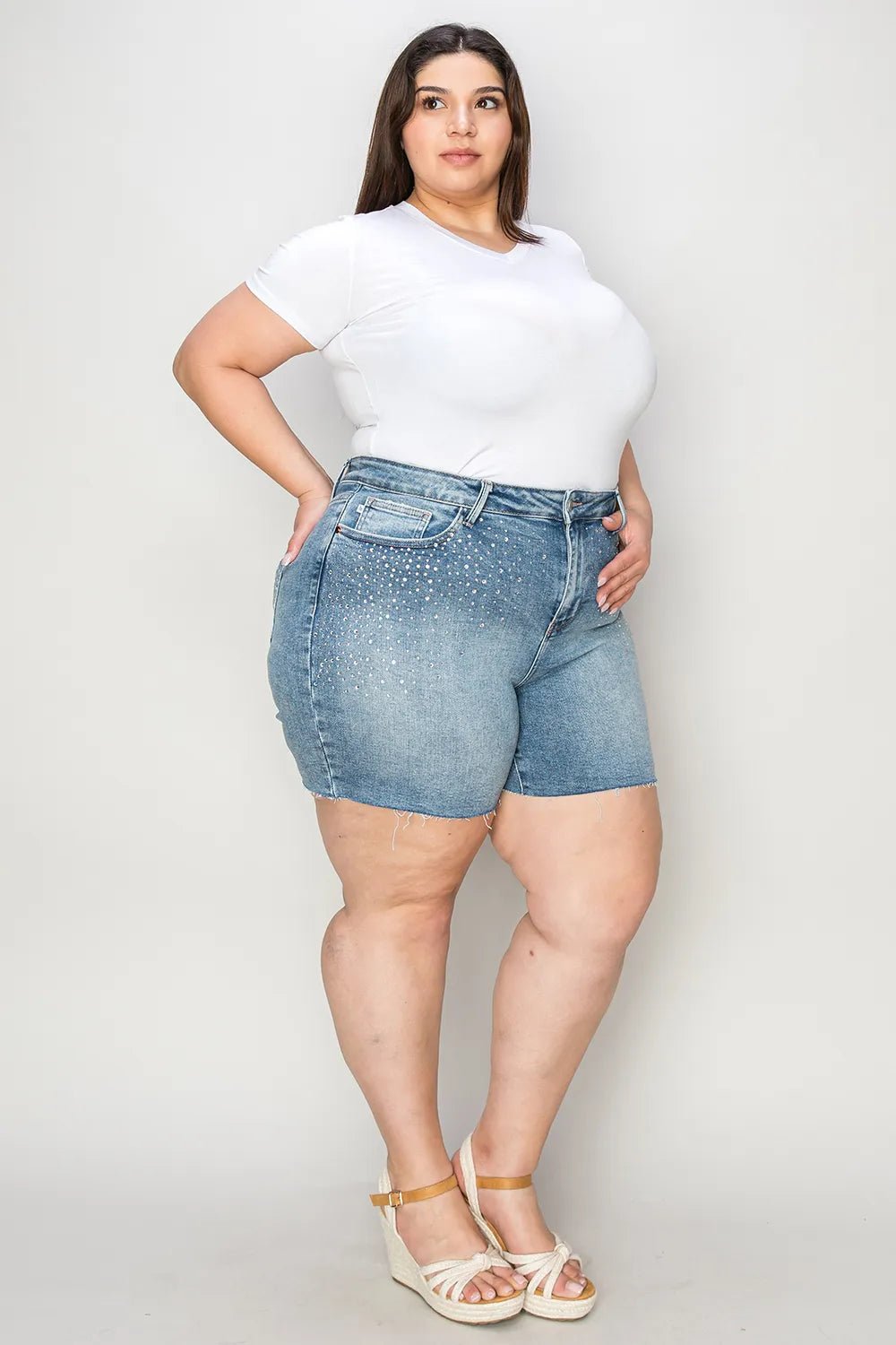 Judy Blue Full Size High Waist Rhinestone Decor Denim Shorts in Light Wash - Nikki &amp; Co. Boutique