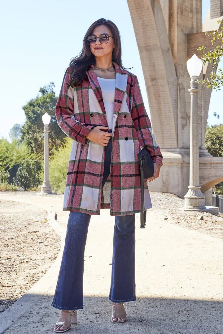 Double Take Full Size Plaid Button Up Lapel Collar Coat - Nikki &amp; Co. Boutique
