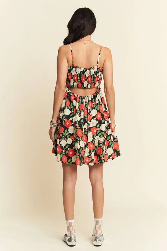 Davi &amp; Dani Floral Scalloped Cutout Back Mini Dress in Black - Nikki &amp; Co. Boutique