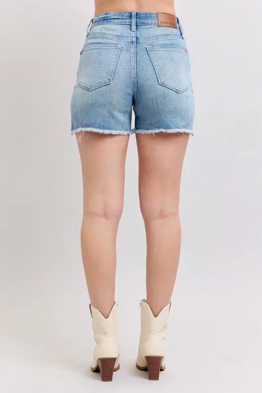 Judy Blue Full Size High Waist Western Embroidery Cut Off Denim Shorts in Light Wash - Nikki &amp; Co. Boutique