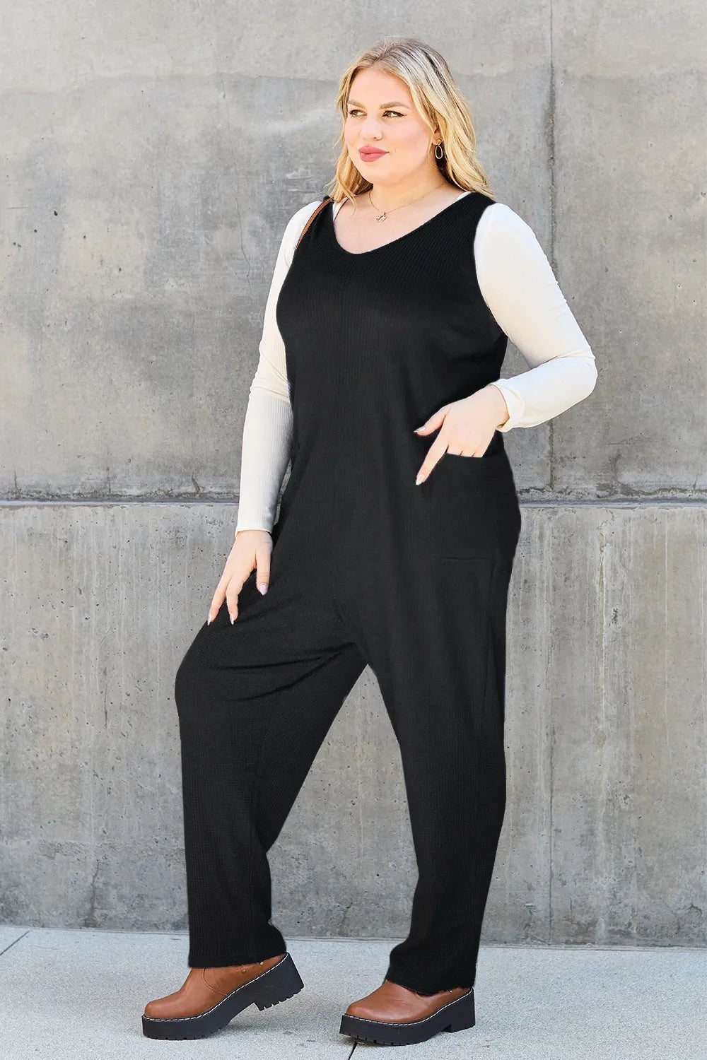 Waffle-Knit Sleeveless V-Neck Jumpsuit with Pockets - Nikki &amp; Co. Boutique