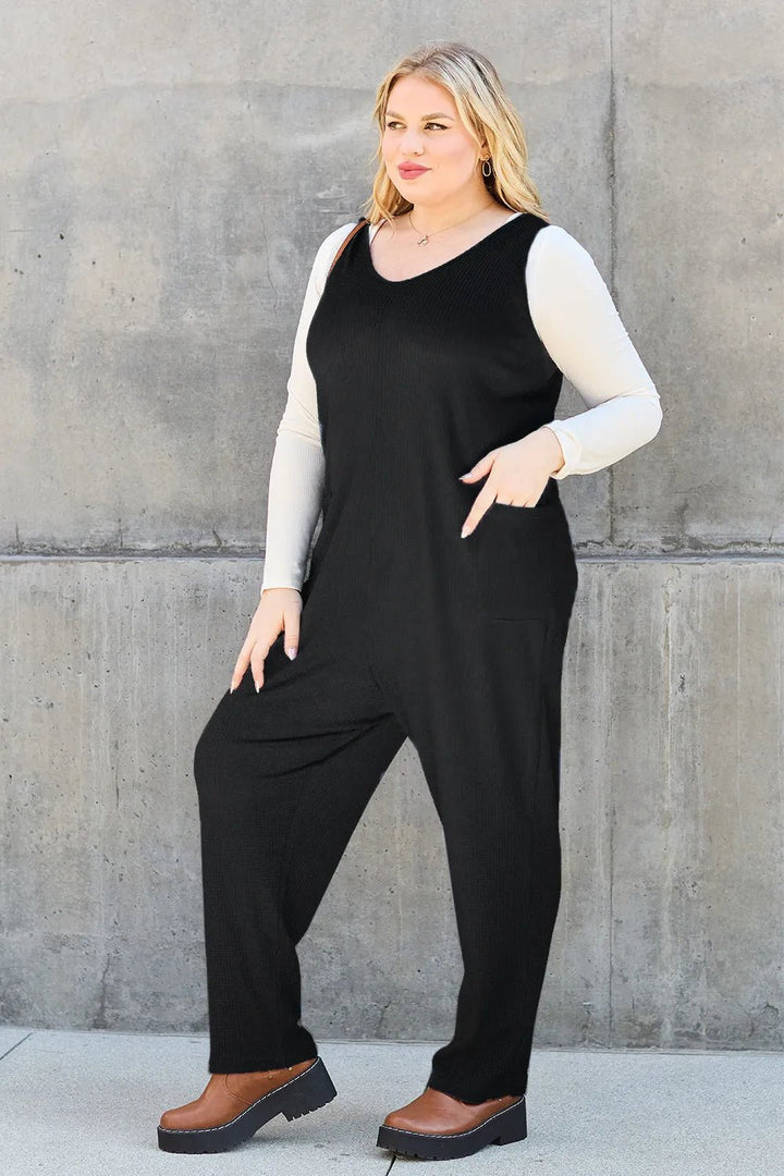 Waffle-Knit Sleeveless V-Neck Jumpsuit with Pockets - Nikki &amp; Co. Boutique