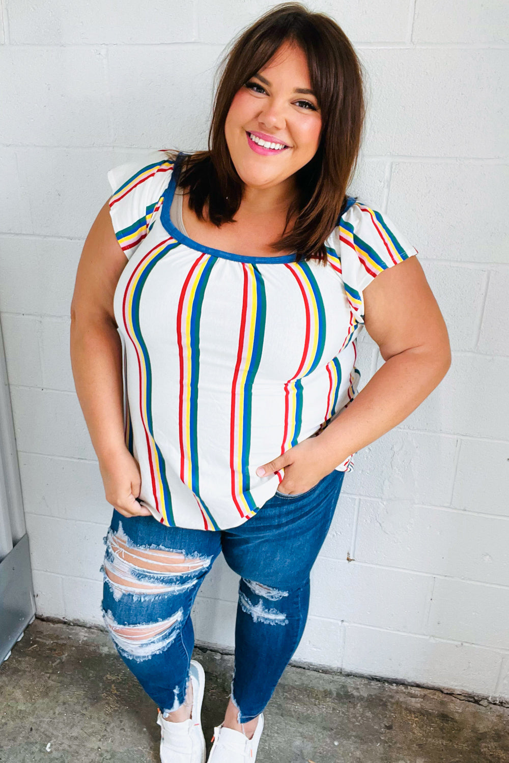 Multicolor Striped Raglan Flutter Sleeve Tops | Nikki &amp; Co. Boutique