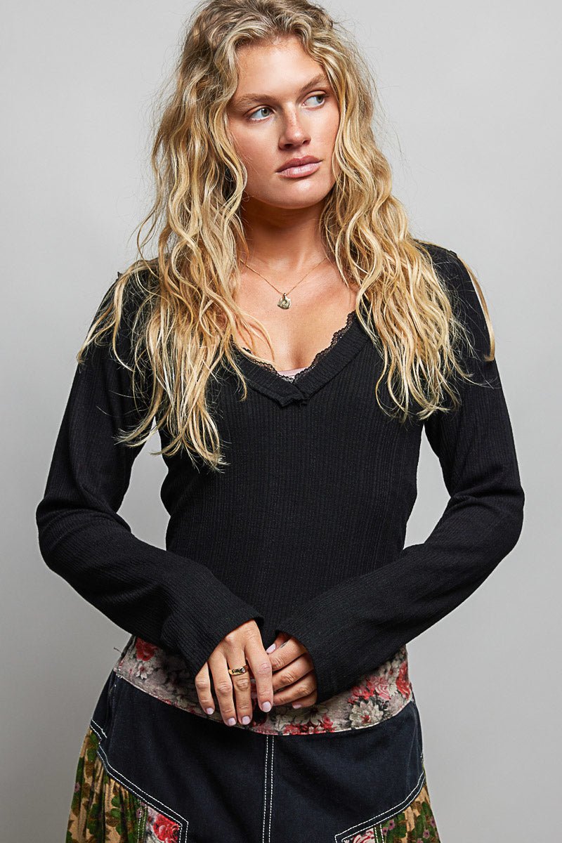 POL Lace-Trim V-Neck Long-Sleeve Ribbed Top | Black - Nikki &amp; Co. Boutique