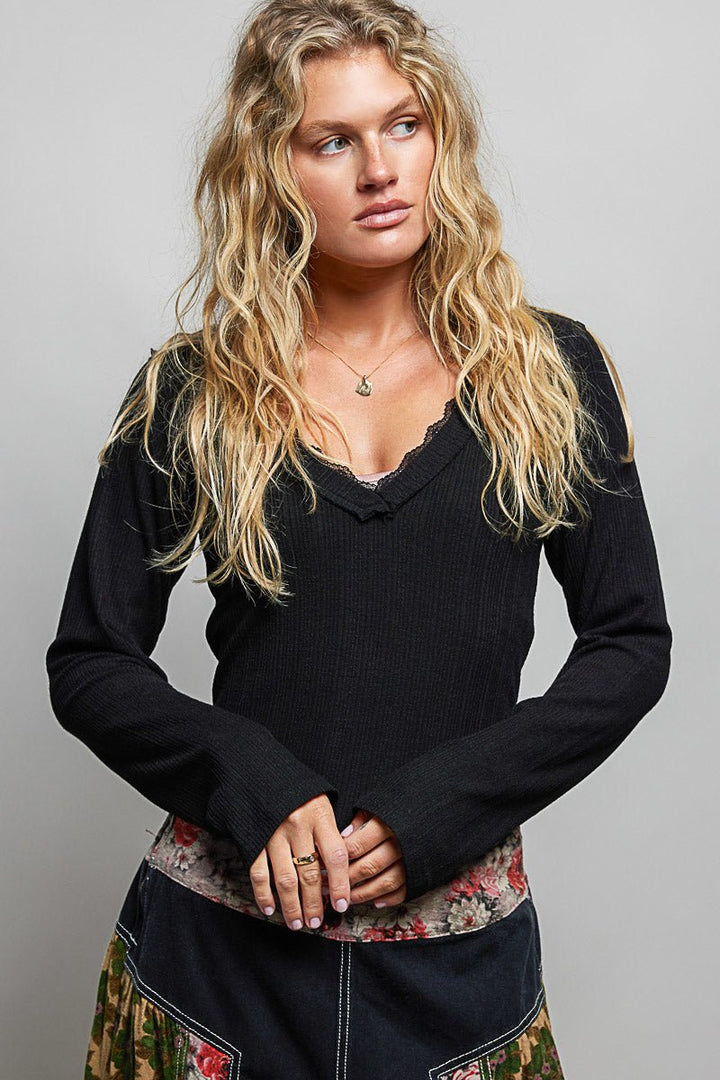 POL Lace-Trim V-Neck Long-Sleeve Ribbed Top | Black - Nikki &amp; Co. Boutique