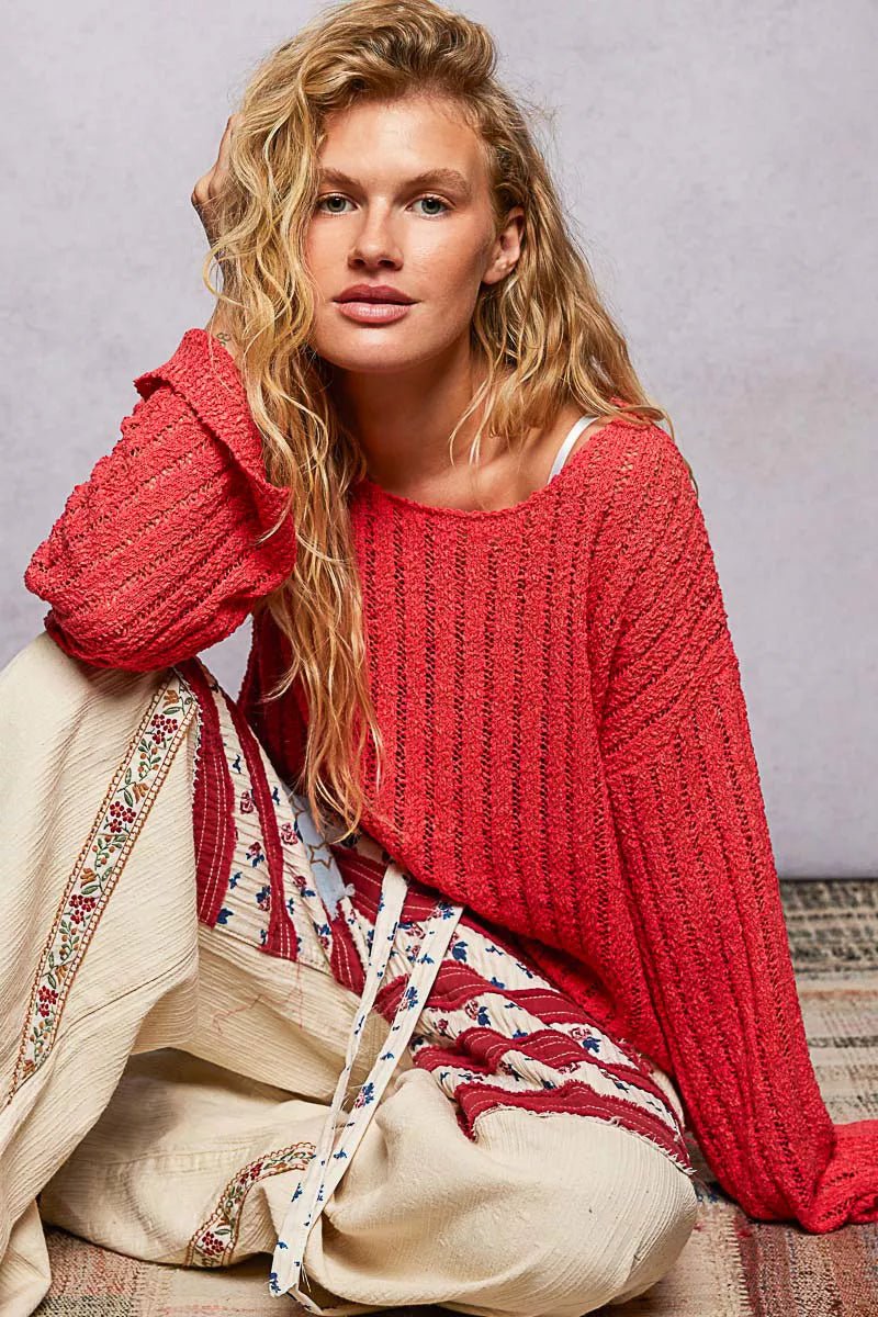POL Round Neck Long Sleeve Open Weave Sweater - Nikki &amp; Co. Boutique