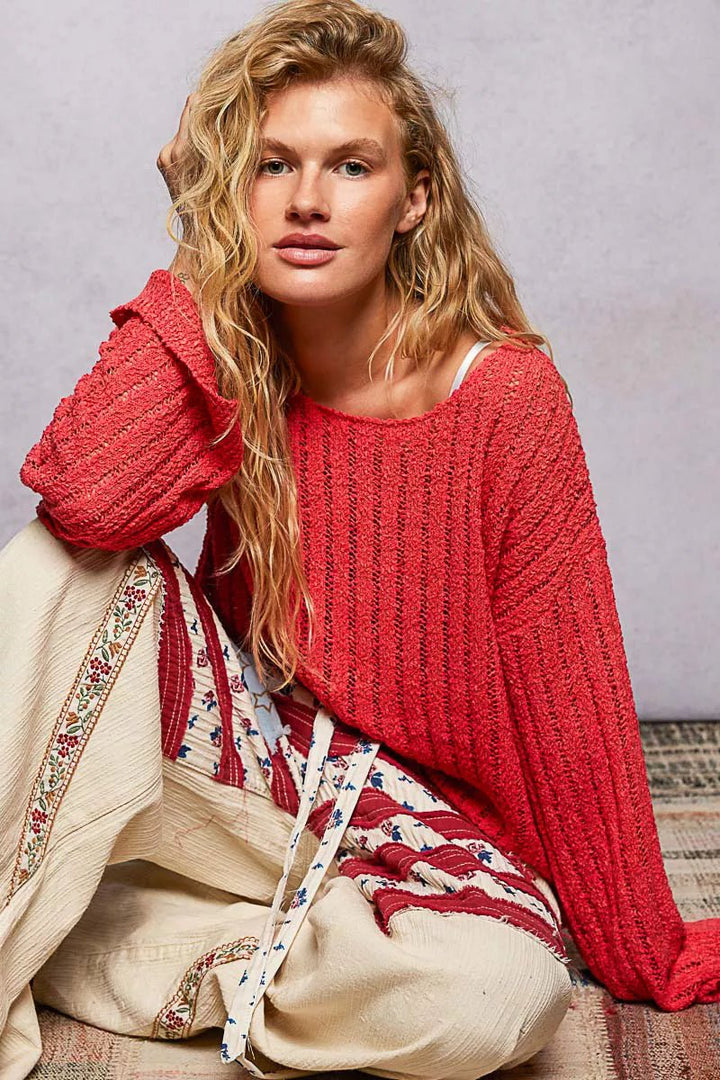 POL Round Neck Long Sleeve Open Weave Sweater - Nikki &amp; Co. Boutique