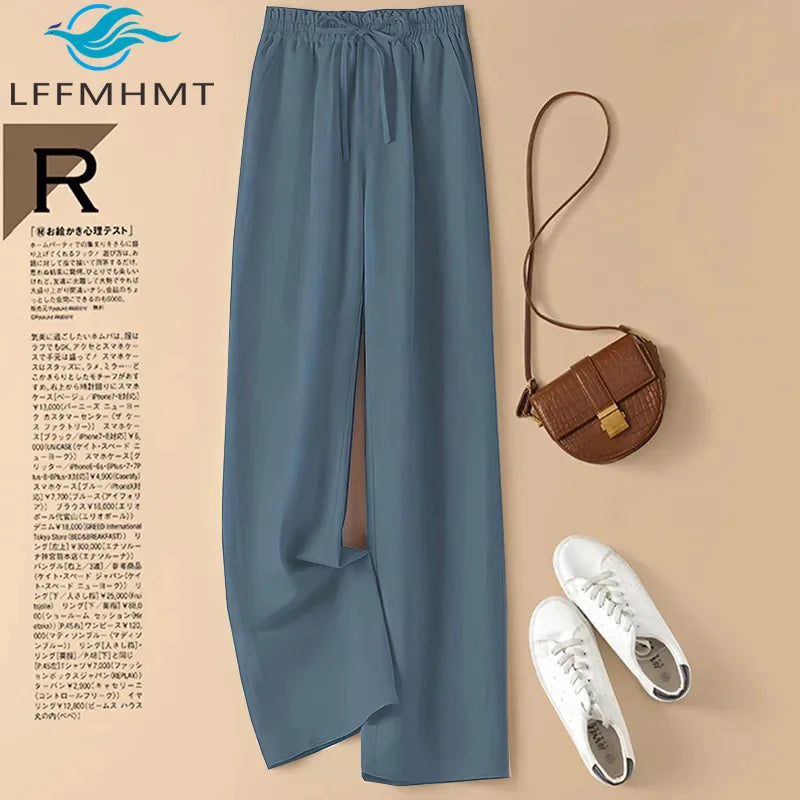 Cotton Linen Casual Wide Leg Pants Women's Summer Fashin Elastic Waist Solid Color Simple Basic Straight Trouser Female Clothes
