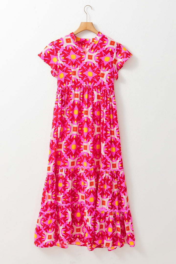 Pink patterned dress on a hanger against a white background
