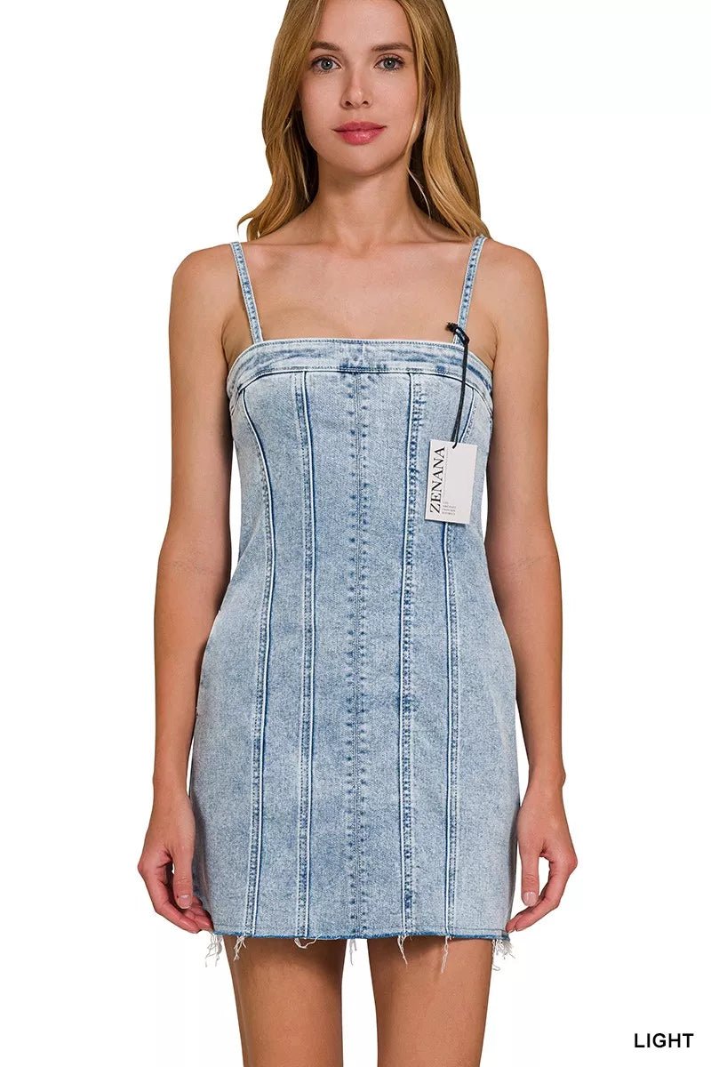 Zenana Spaghetti Strap Exposed Seam Light-Wash Dress | Nikki &amp; Co. Boutique