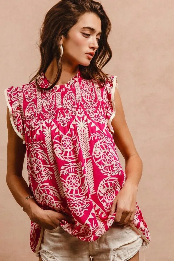 BiBi Printed Ruffle Sleeve Top - Nikki and Co Boutique