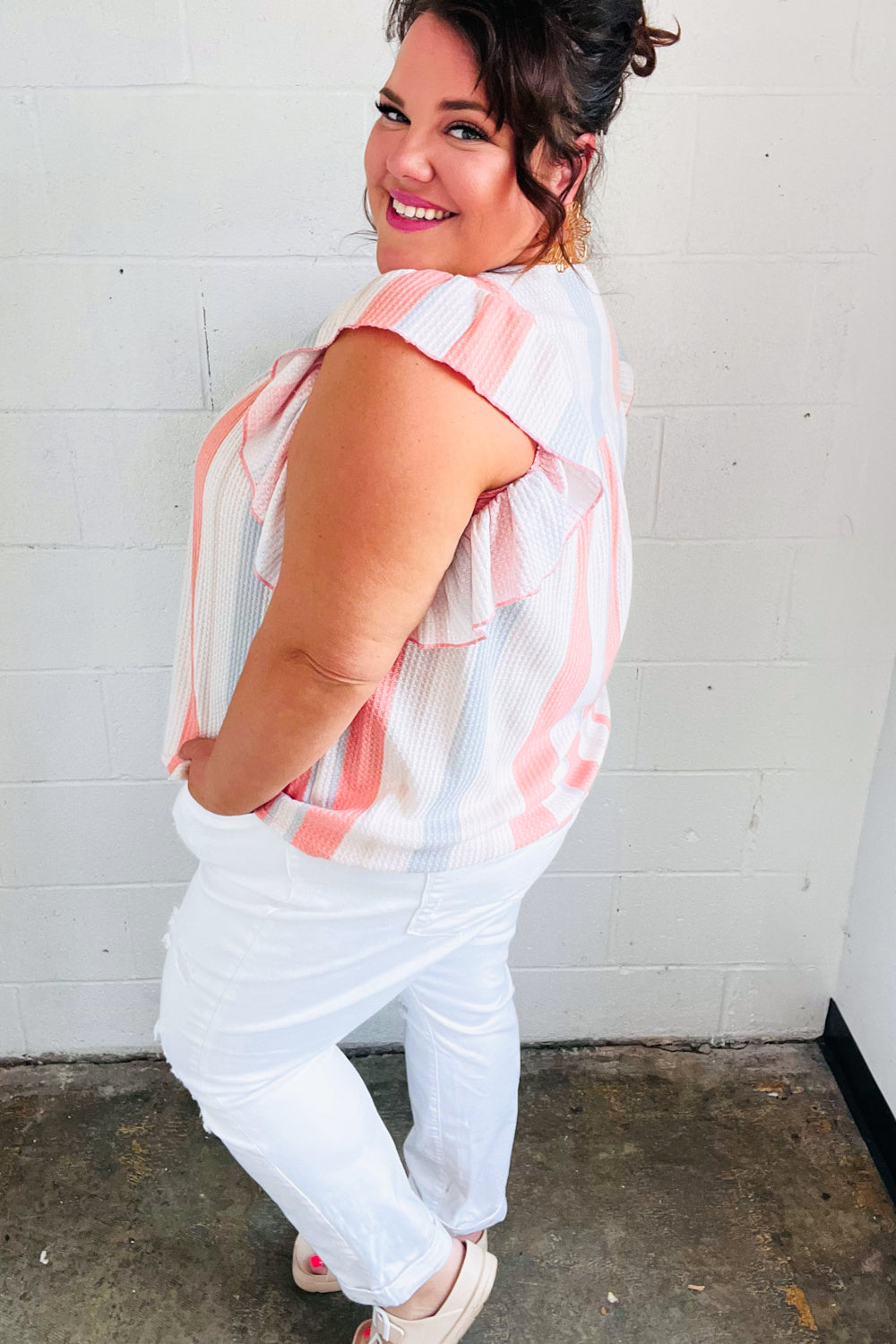 Coral &amp; Light Blue Stripe Waffle Tie Neck Tops | Nikki &amp; Co. Boutique