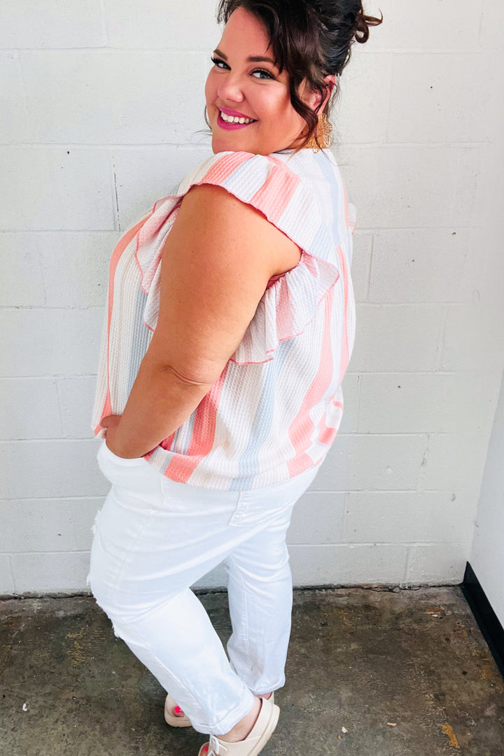 Coral &amp; Light Blue Stripe Waffle Tie Neck Tops | Nikki &amp; Co. Boutique