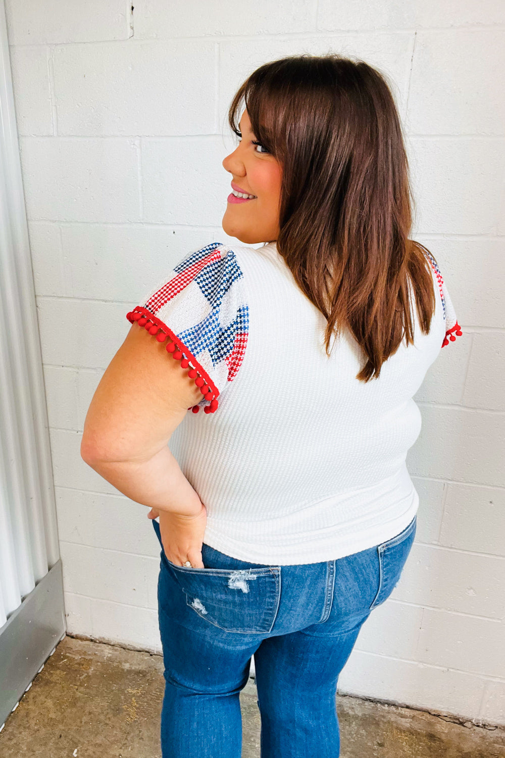 Patriotic Pom Pom Lace Flutter Sleeve Tops | Nikki &amp; Co. Boutique