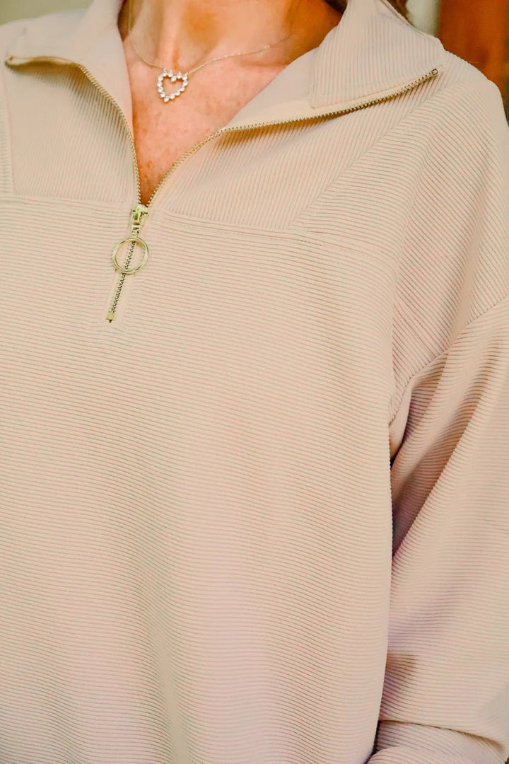 Levi Ribbed Quarter-Zip Pullover - Black &amp; Taupe (NP) - Nikki &amp; Co. Boutique