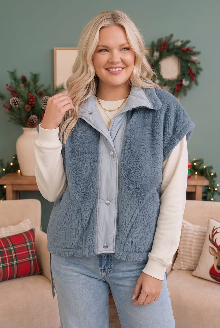 Snuggle Season Sherpa Vest in Slate - Nikki &amp; Co. Boutique