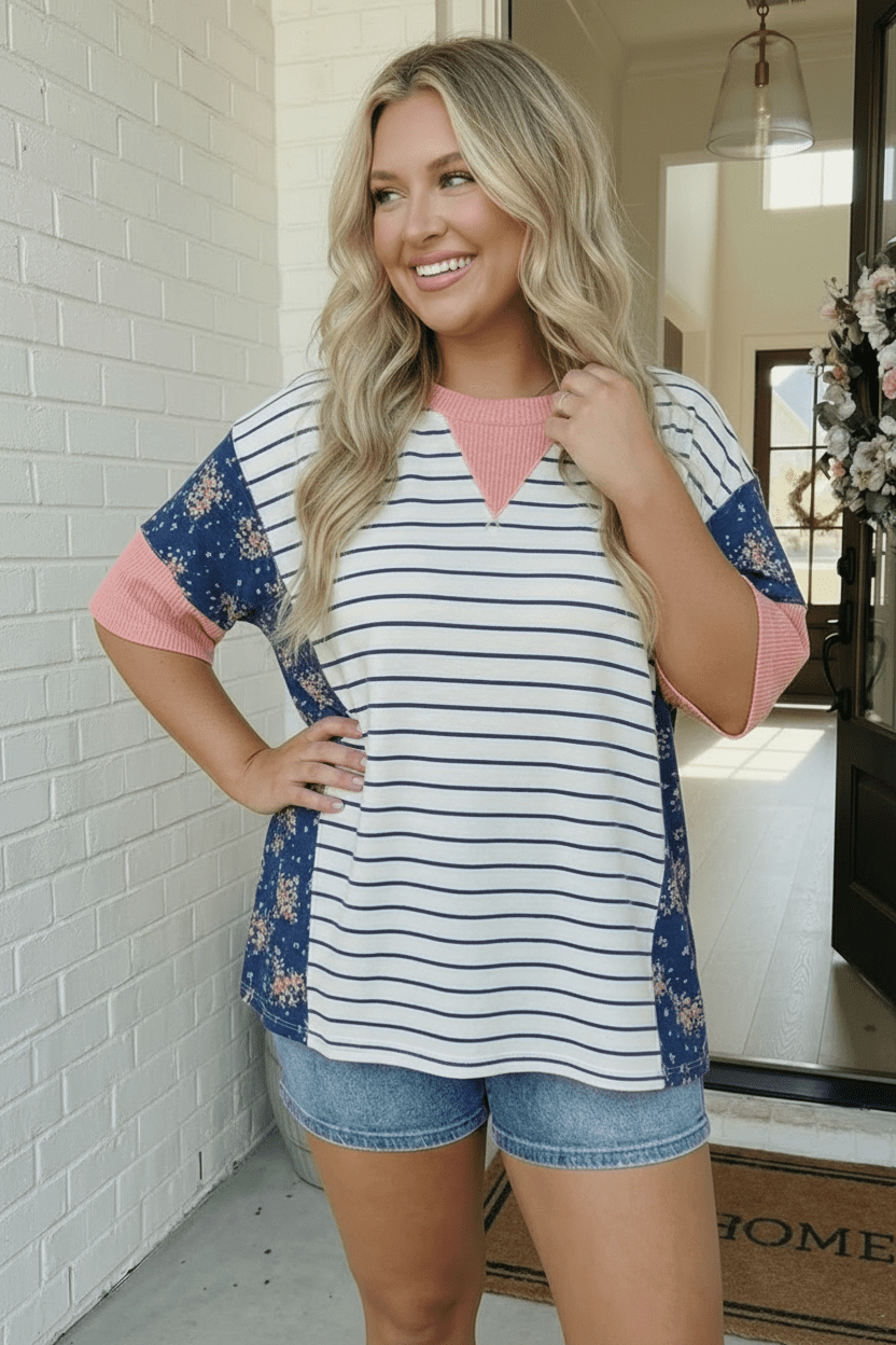 Stripe and Floral Mixed Media Oversized Top - Nikki &amp; Co. Boutique