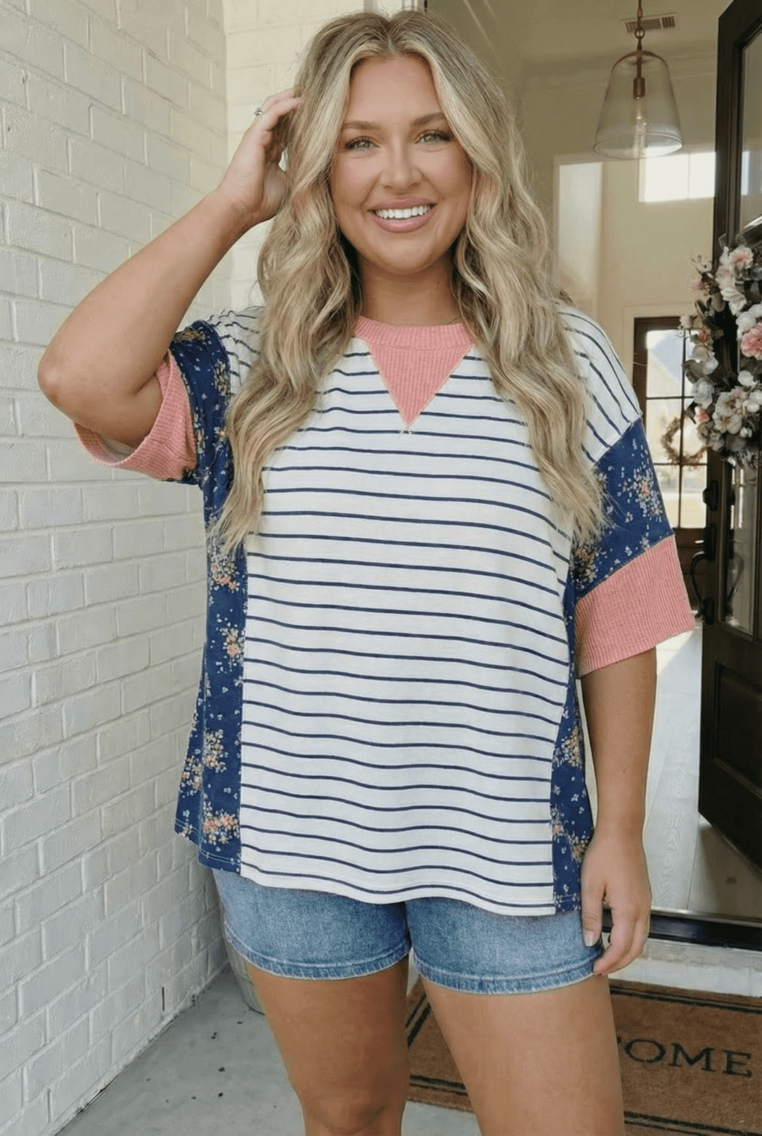 Stripe and Floral Mixed Media Oversized Top - Nikki &amp; Co. Boutique