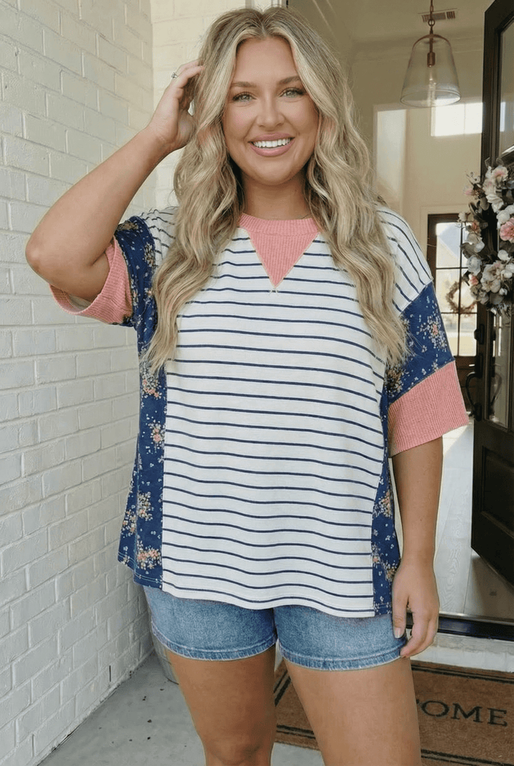 Stripe and Floral Mixed Media Oversized Top - Nikki &amp; Co. Boutique