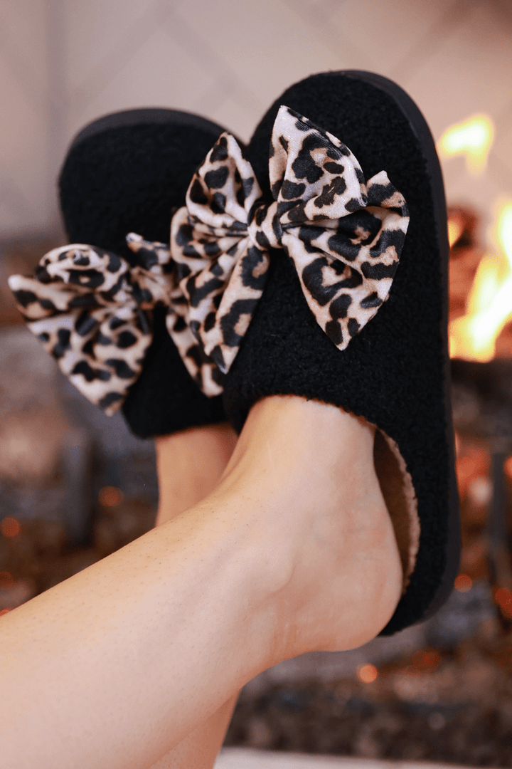 PREORDER- Cozy Bow Slippers- Black/Leopard - Nikki &amp; Co. Boutique
