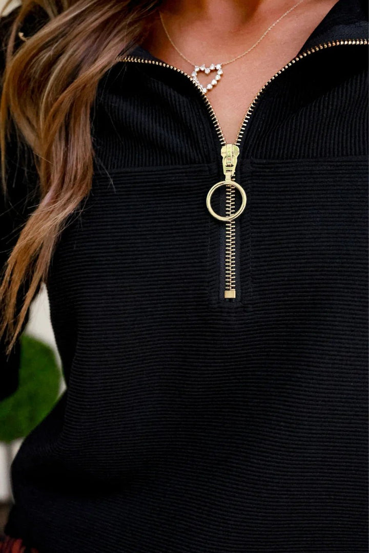 Levi Ribbed Quarter-Zip Pullover - Black &amp; Taupe (NP) - Nikki &amp; Co. Boutique