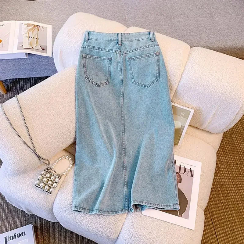 Wrap Women's Denim Skirt Blue Tight Female Jeans Skirts with Slit Luxury Elegant Stylish Premium Summer Modest Vintage Chic