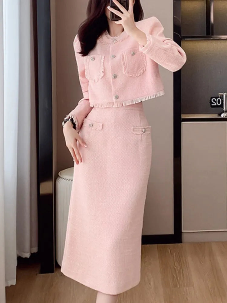 French Elegant Women Pink 2 Pieces Set Autumn Tassel Long Sleeve Coat A-line Chic Midi Skirt Spring Y2k Lady Dress Suits