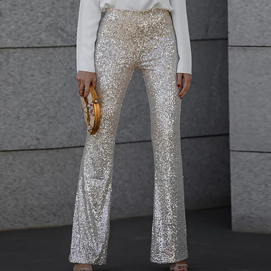 Party Night Clubwear Black Sequined Trousers Women Summer High Waist Slim Flare Pants Streetwear Casual Femme Glitter Long Pants