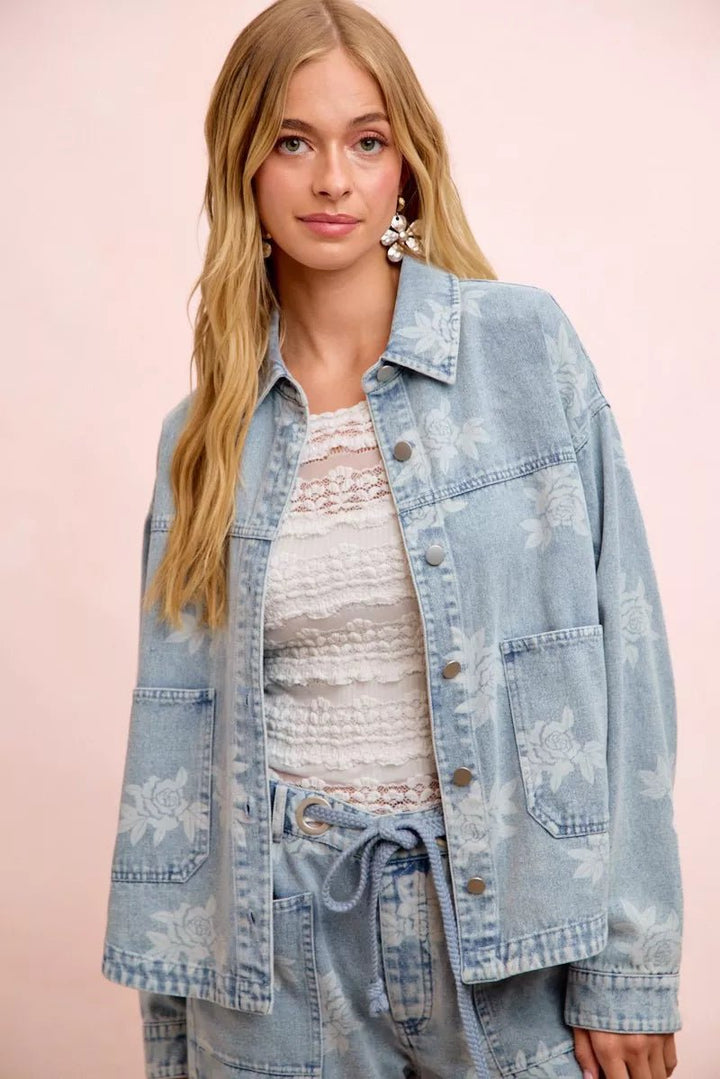 BiBi Printed Washed Denim Jacket With Pocket - Nikki &amp; Co. Boutique