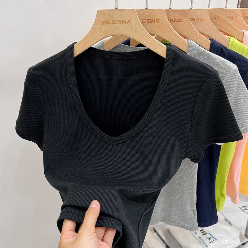 Female Y2K Tops Clothes Summer Sexy Basic Crop Top Women Ribbed Short Sleeve T-shirts Casual V-Neck Solid Slim Fit Tee