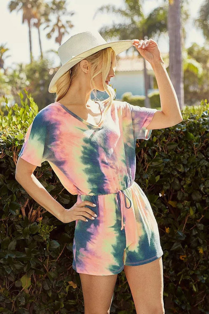 BiBi Tie Dye French Terry V-Neck Romper - Nikki &amp; Co. Boutique