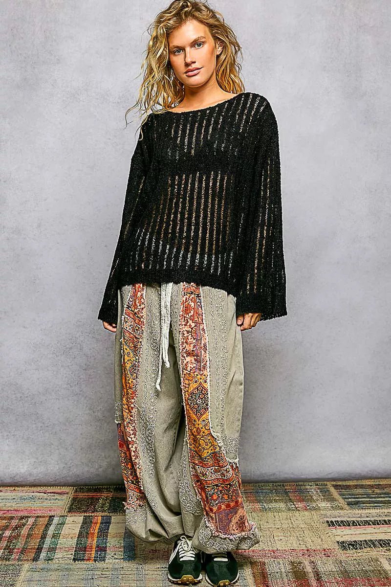 POL Round-Neck Long-Sleeve Open-Weave Sweater | Black - Nikki &amp; Co. Boutique