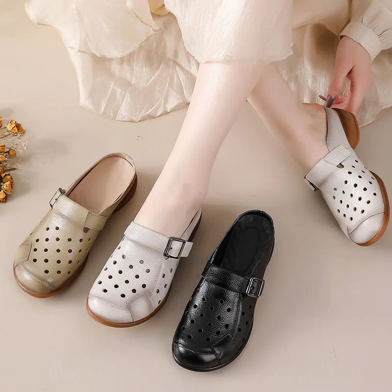 New Cow leather low heel sandals women's hollow out mules shoes woman buckle strap slipper sandals ladies elegant slip on shoes