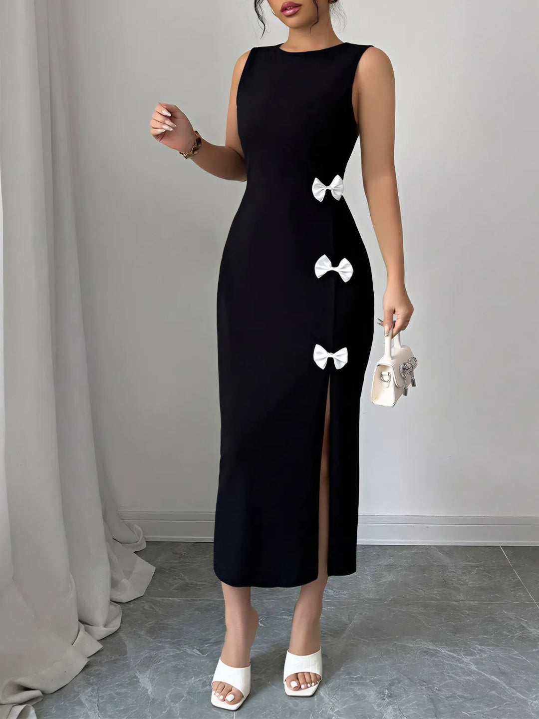 Bow Slit Round Neck Sleeveless Dress | Nikki &amp; Co. Boutique