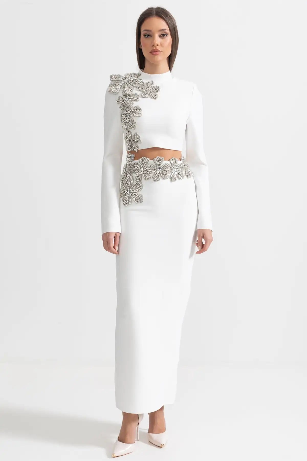 Ulama Choker Long Sleeve Diamond Flowers Bandage Maxi Two-Piece Set