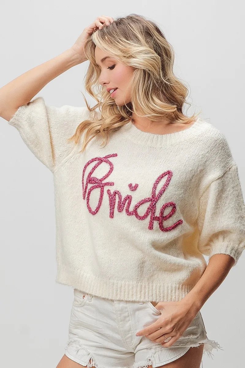 BiBi Metallic Letter Shorts Puff Sleeve Hairy Sweater | Nikki &amp; Co. Boutique